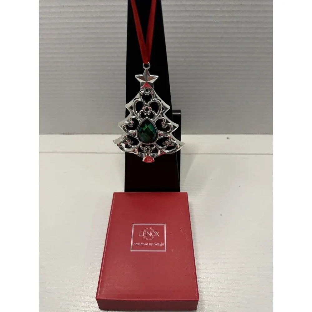 Lenox Bejeweled Christmas Tree Ornament Silverplate With Green Gem